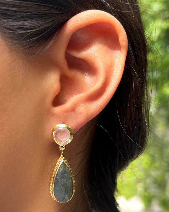 Close-up of an ear wearing a gold earring with a teardrop-shaped gemstone. rose quartz and labradorite