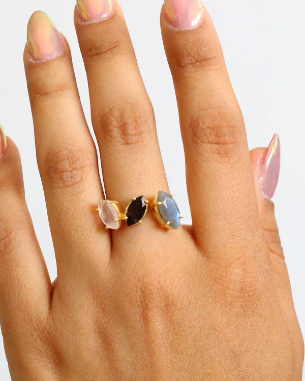 Gold Triple Gemstone Ring with Labradorite, Smoky Quartz, and Rose Quartz