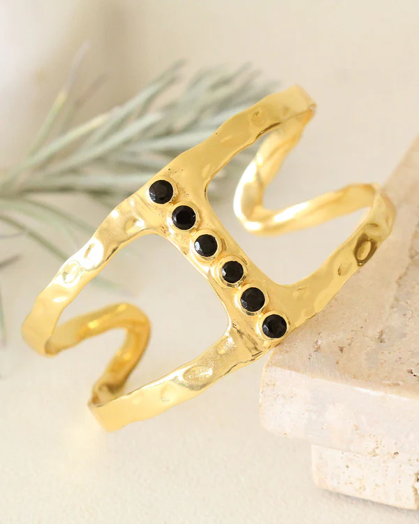 Gold Hammered Cuff Bracelet with Black Onyx Stones