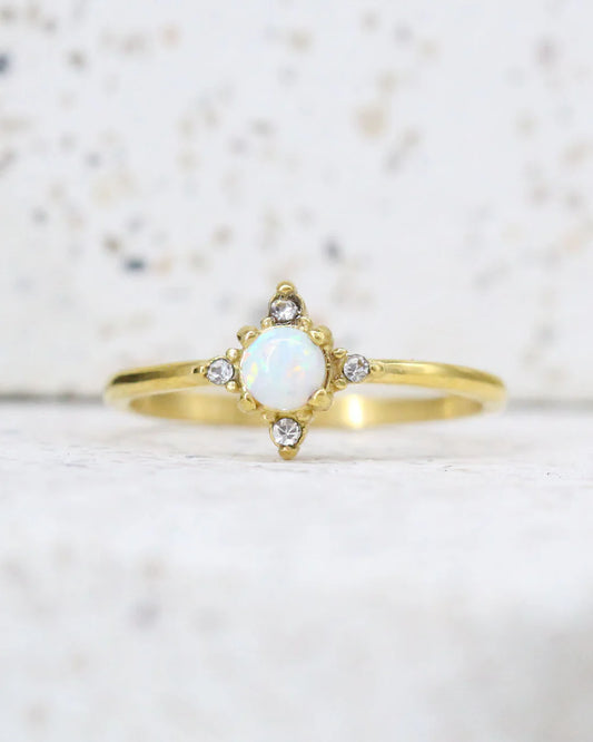 Gold plated opal engagement ring with diamond accents, celestial design

Delicate gold plated opal ring with starburst setting, anniversary gift