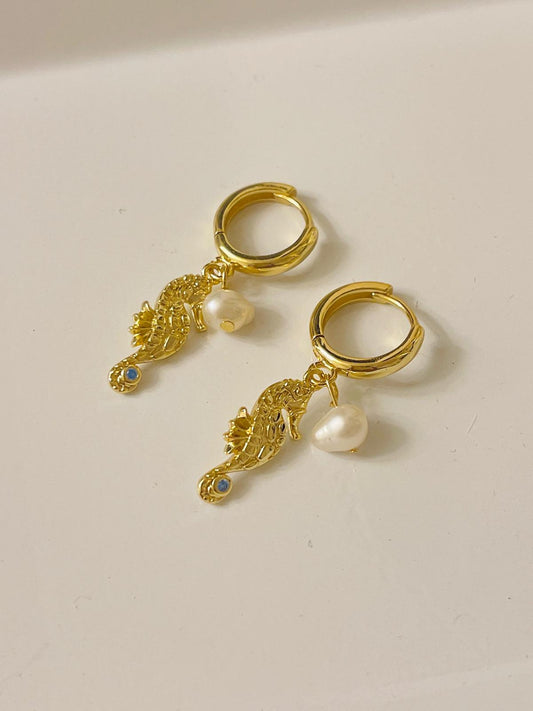 Gold Seahorse Huggie Earrings