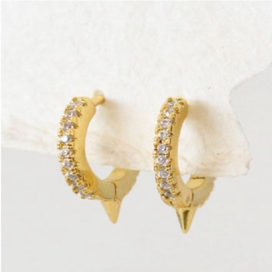 Gold spike huggie hoop earrings with crystal accents
