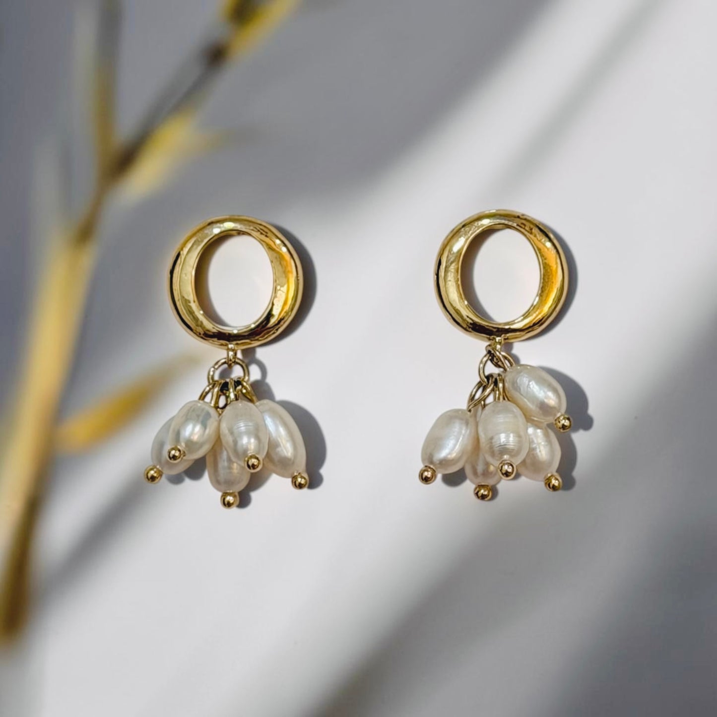 A pair of gold-tone dangle earrings with circular hoops and clusters of irregular white pearl-like drops, photographed on a light gray surface with soft shadows and a blurred botanical element in the background.