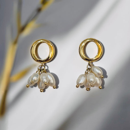 A pair of gold-tone dangle earrings with circular hoops and clusters of irregular white pearl-like drops, photographed on a light gray surface with soft shadows and a blurred botanical element in the background.