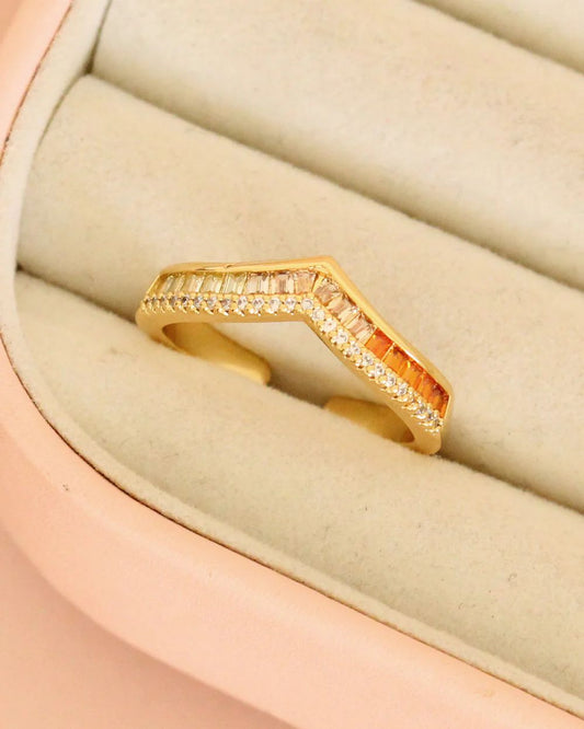 Modern V-Shaped Ring with Orange Crystals and Zirconia
