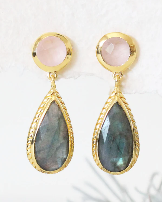 Pair of earrings with gold frames, pink rose quartz gemstones, and teardrop-shaped labradorite stones on a light background.
