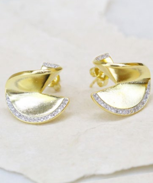 Gold Wave Zirconia Stud Earrings