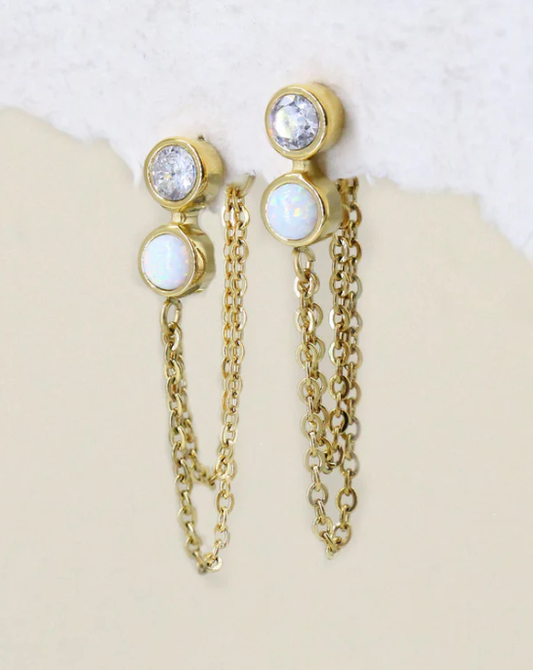 Opal-Zirconia Drop Chain Earrings