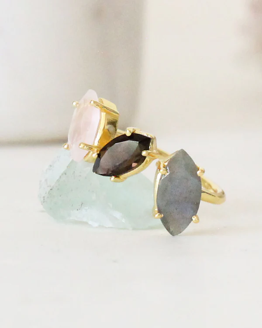 Gold Triple Gemstone Ring with Labradorite, Smoky Quartz, and Rose Quartz