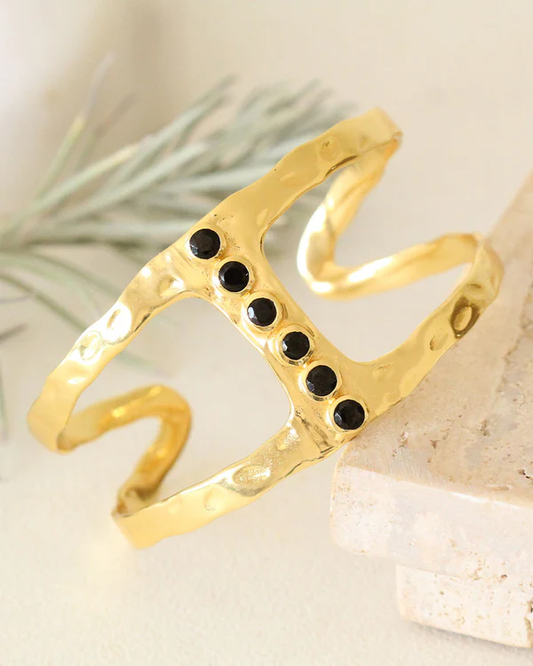 Gold Hammered Cuff Bracelet with Black Onyx Stones